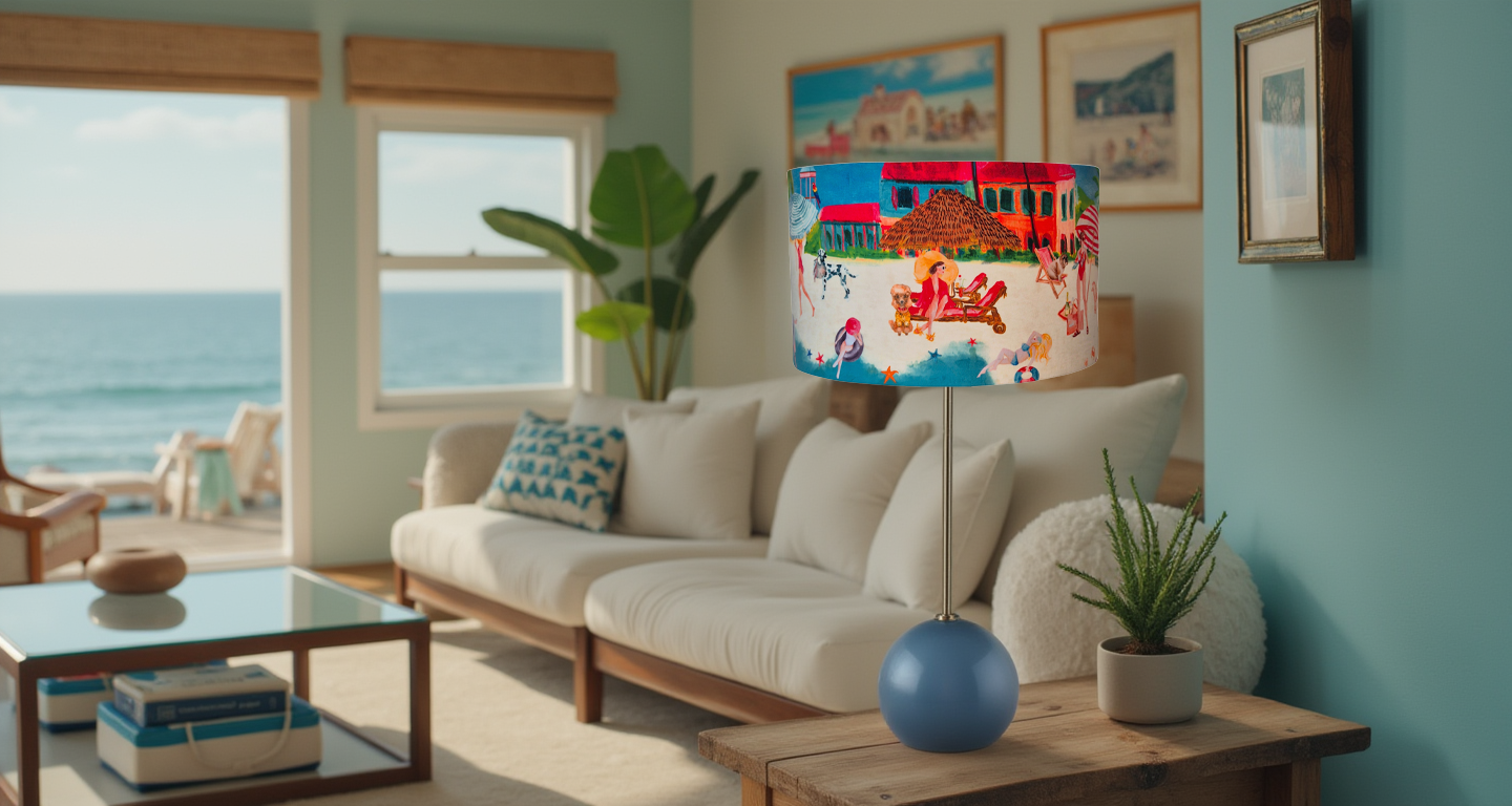 Queen K Riviera Drum Lampshade with colorful fringe drum design on a blue base lamp in modern living room