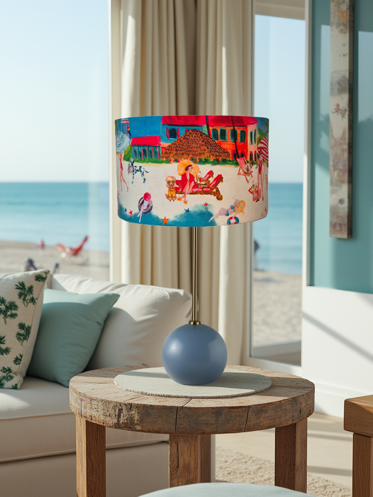 Queen K Riviera Drum Lampshade with colorful beach scene on a blue round base lamp on wooden table
