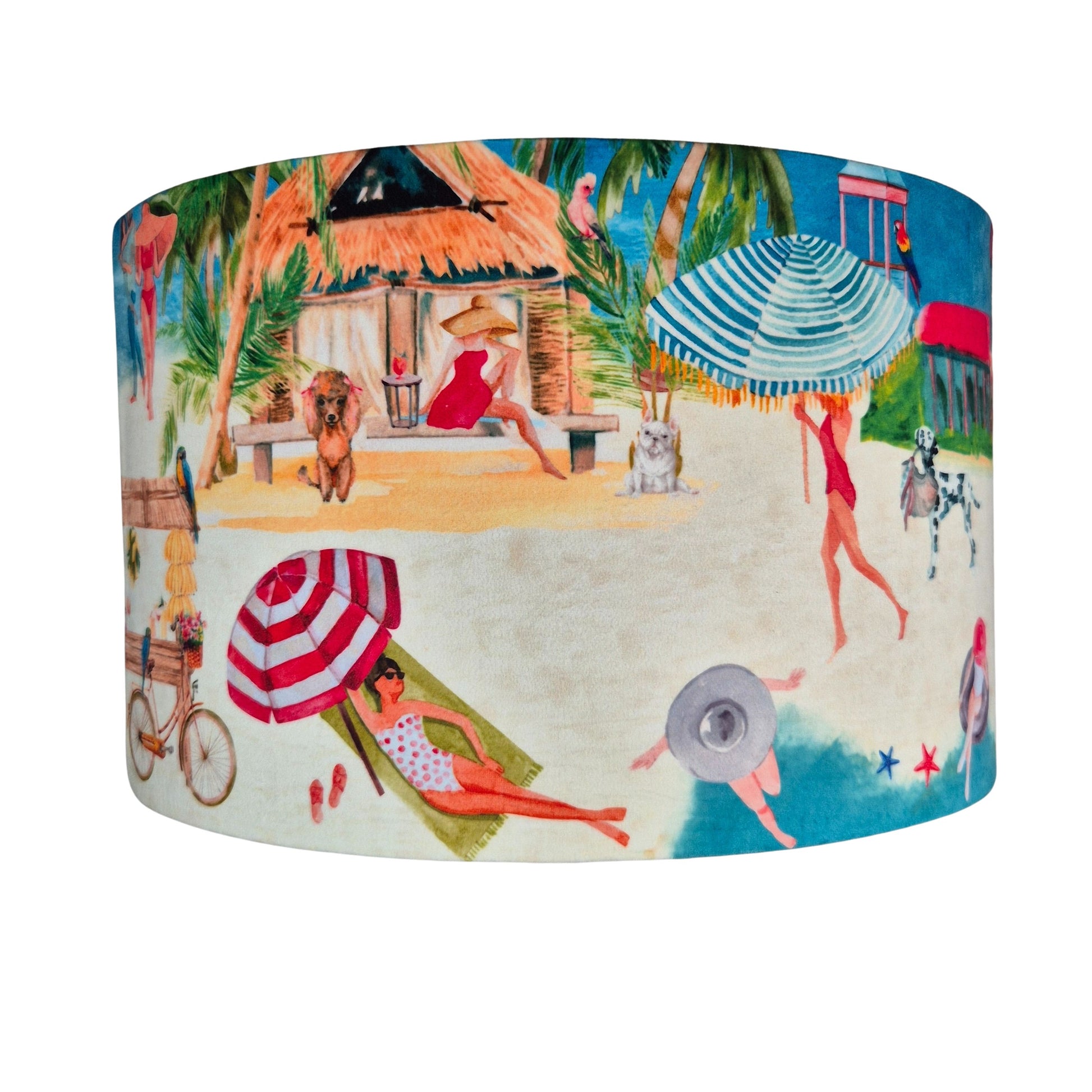 Queen K Riviera Drum Lampshade with colorful beach scene and fringed edges