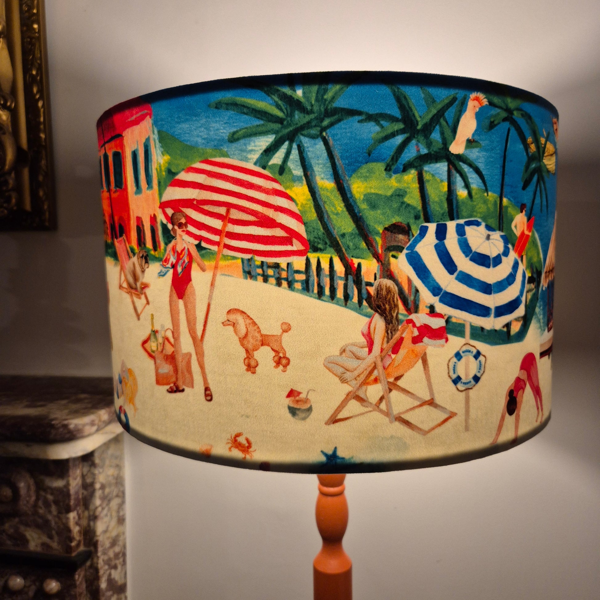 Queen K Riviera Drum Lampshade with colorful beach scene and fringe detailing