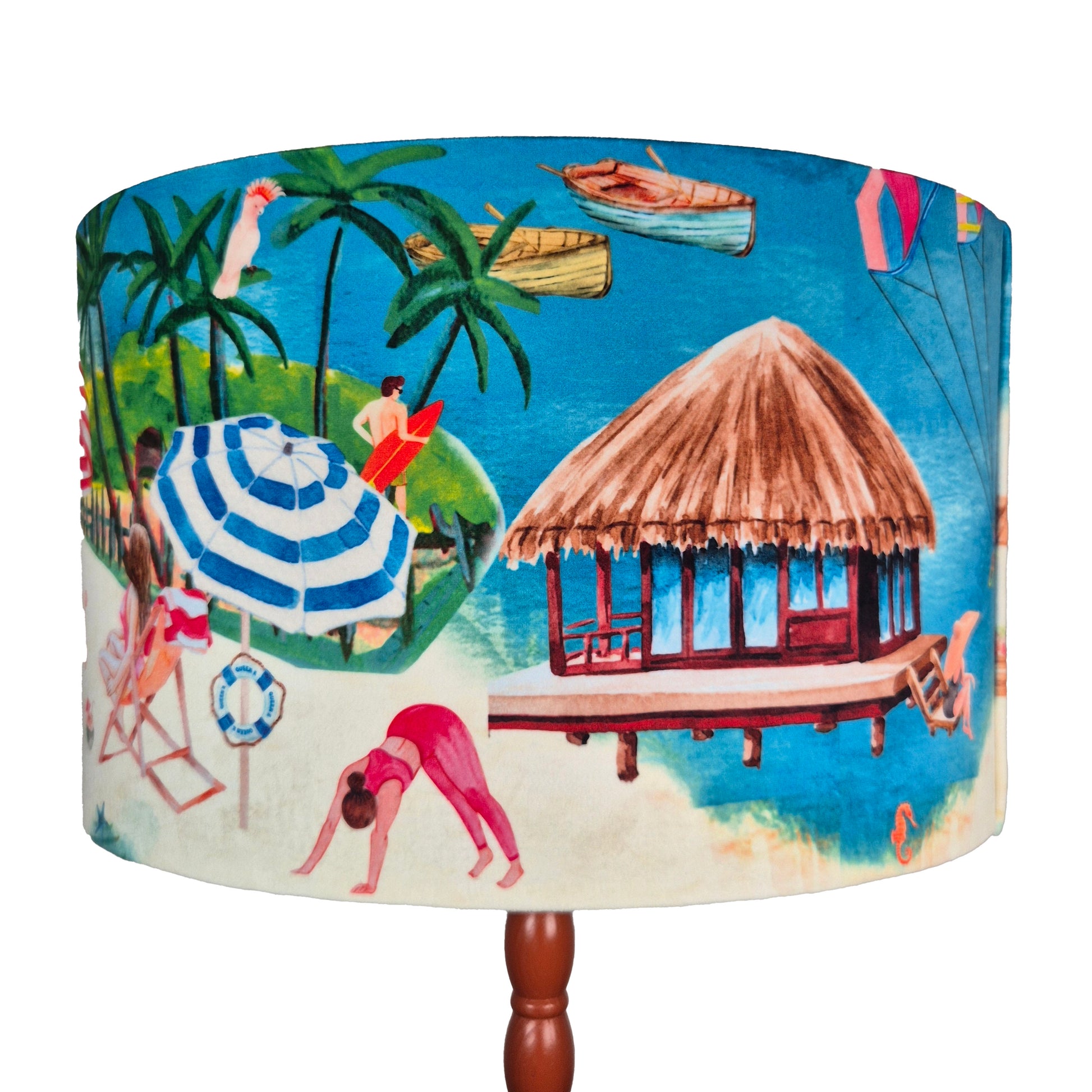Queen K Riviera Drum Lampshade with vibrant beach and tropical hut design