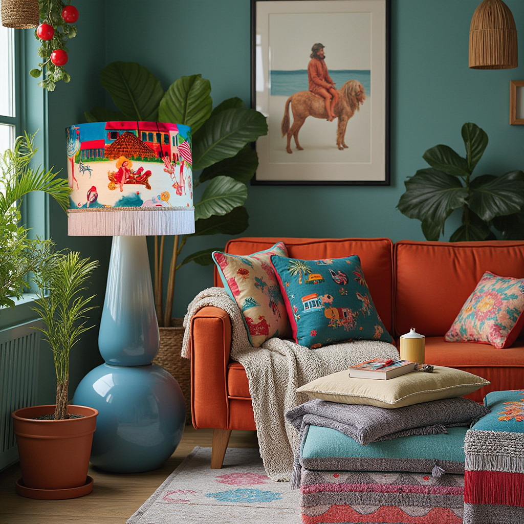 Riviera Fringed Drum Lampshade by Queen K on a blue lamp base in colorful living room