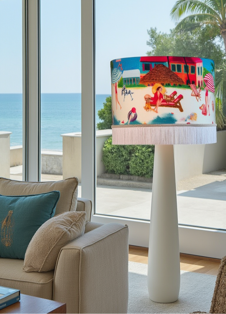 Queen K Riviera Fringed Drum Lampshade with colorful beach scene and fringe trim on white floor lamp