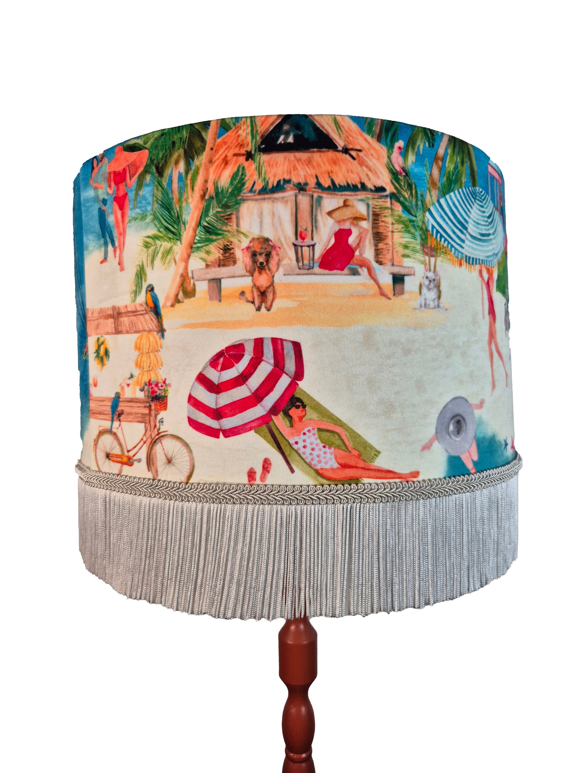 Queen K Riviera Fringed Drum Lampshade with tropical beach scene and grey fringe trim
