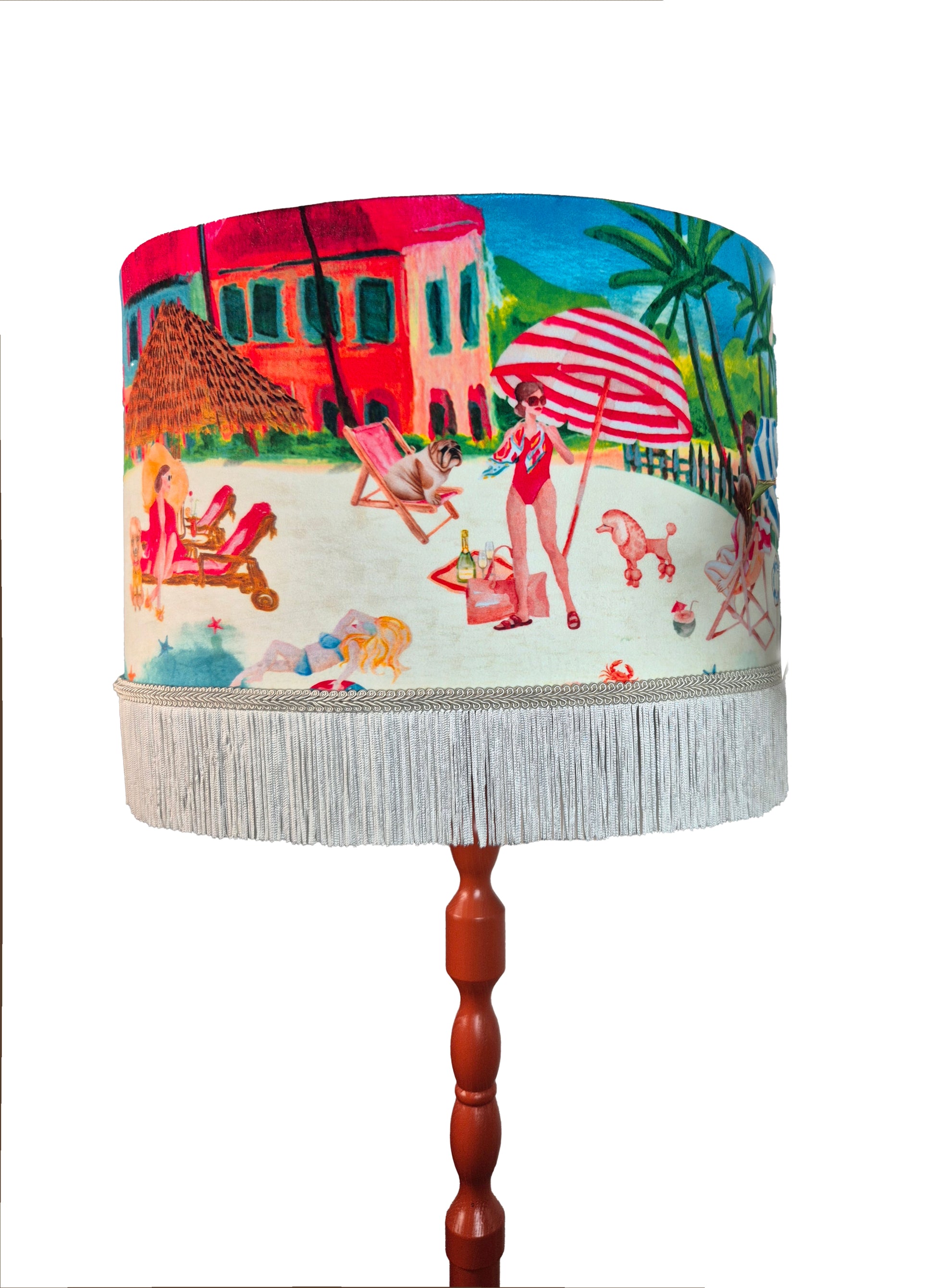 Queen K Riviera Fringed Drum Lampshade with colorful beach scene and white fringe trim