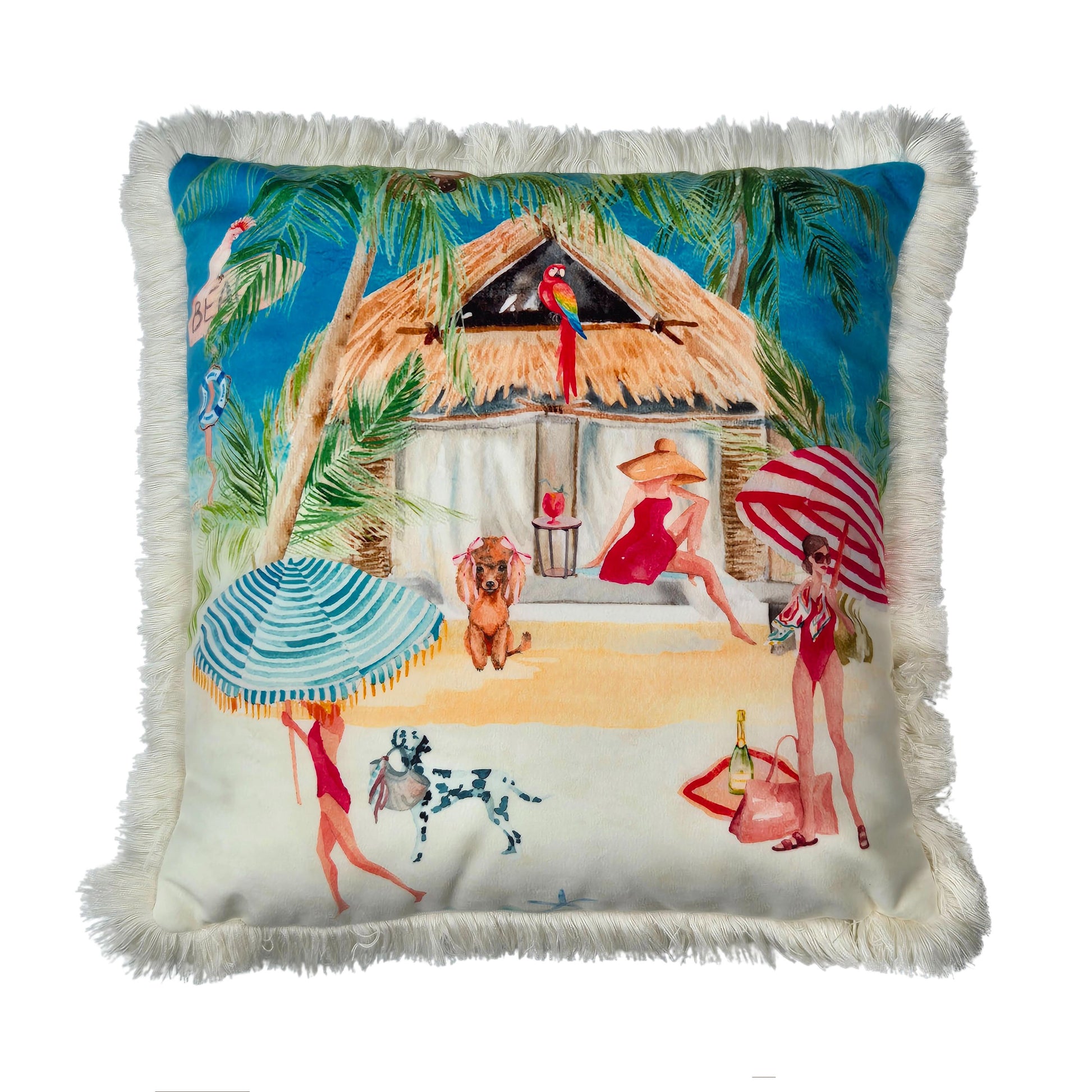 Queen K Riviera Fringed Velvet Cushion with tropical beach scene featuring women, dogs, and palm trees