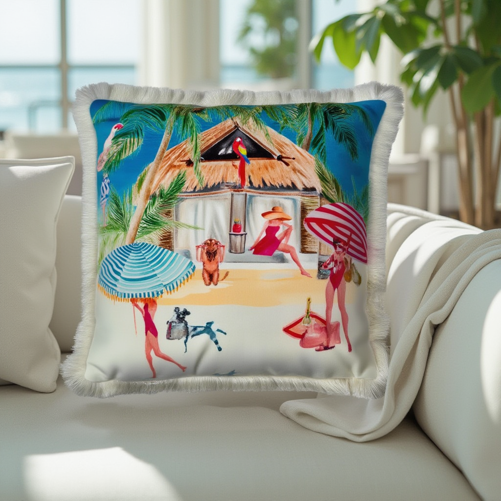 Queen K Riviera Fringed Velvet Cushion with colorful beach scene and white fringed edges on a sofa