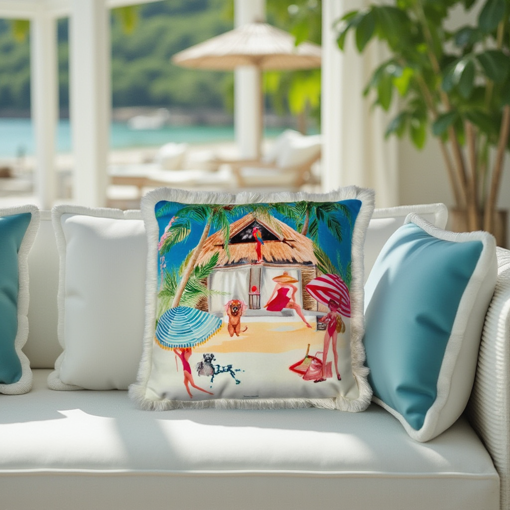 Queen K Riviera Fringed Velvet Cushion with colorful beach hut and summer scene design on white sofa