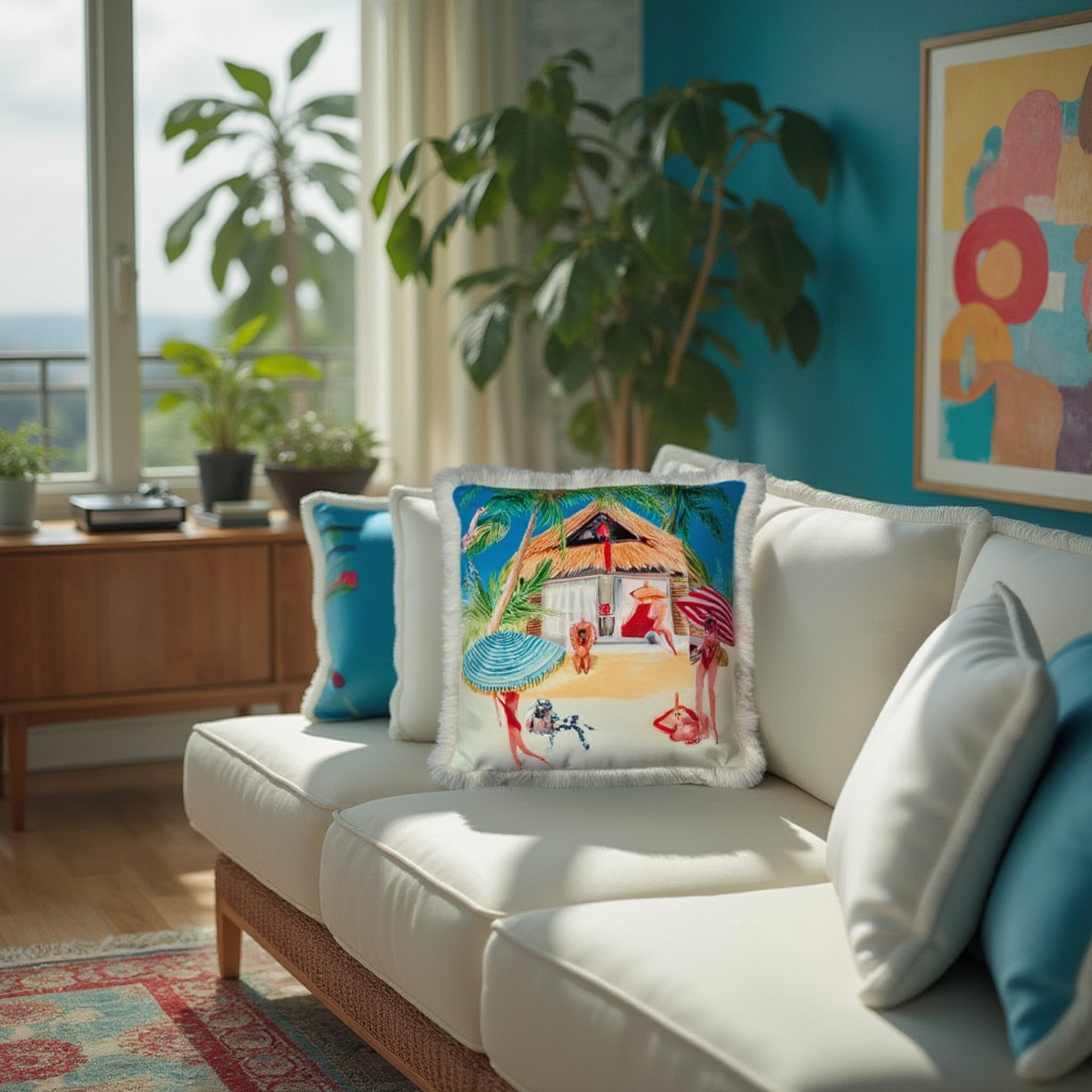 Riviera Fringed Velvet Cushion with colorful beach scene on white sofa in bright living room