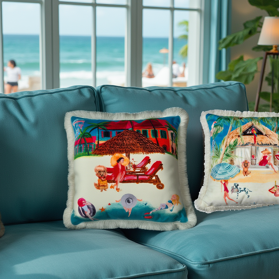 Queen K Riviera Fringed Velvet Cushion with colorful beach scene on light blue sofa