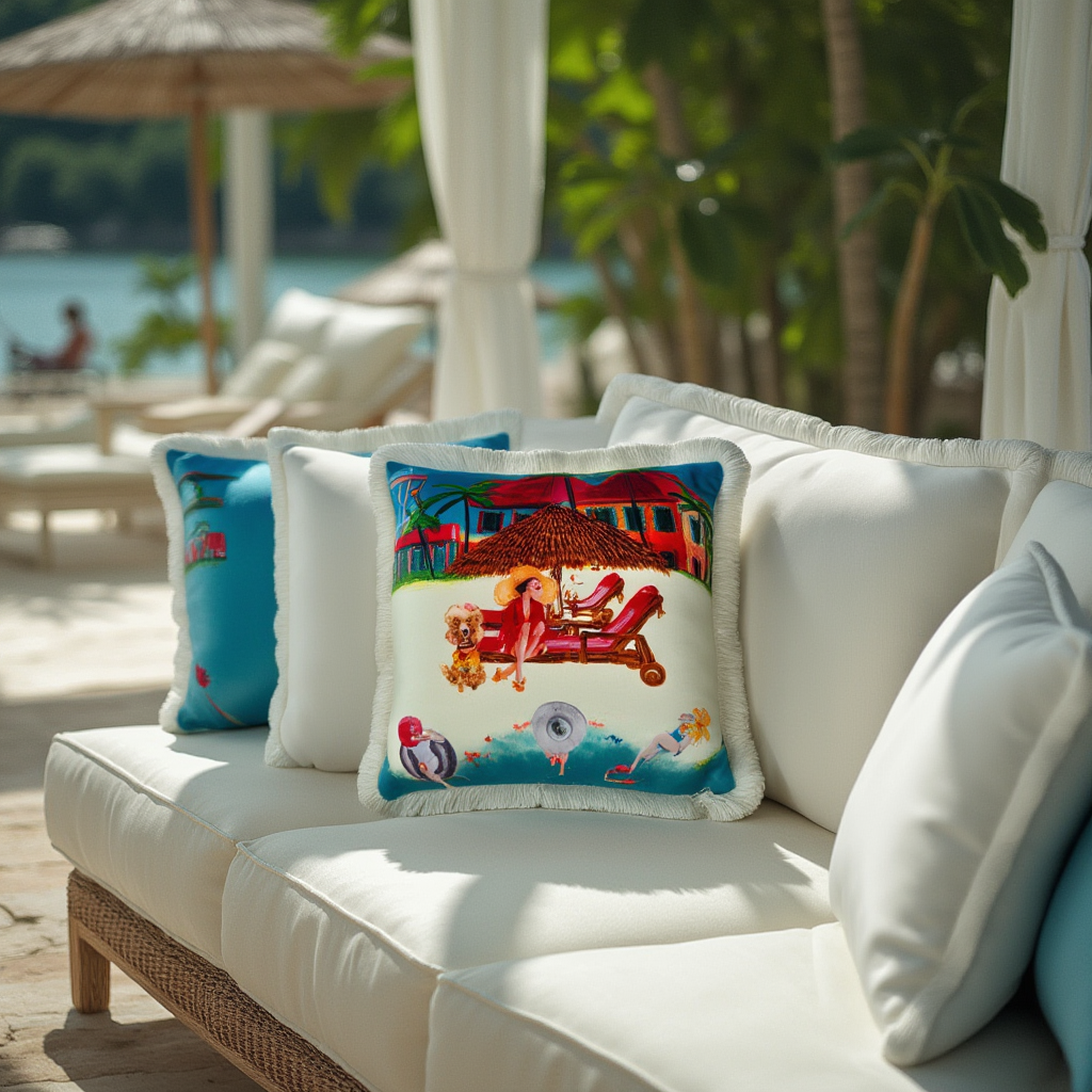 Queen K Riviera Fringed Velvet Cushion with colorful beach scene on white outdoor lounge
