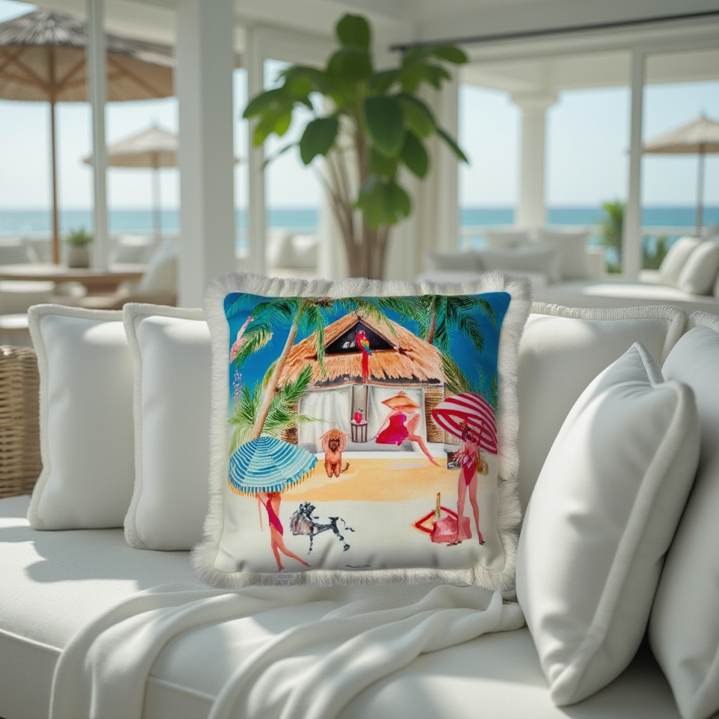 Queen K Riviera Fringed Velvet Cushion with colorful beach scene and decorative fringes on white sofa