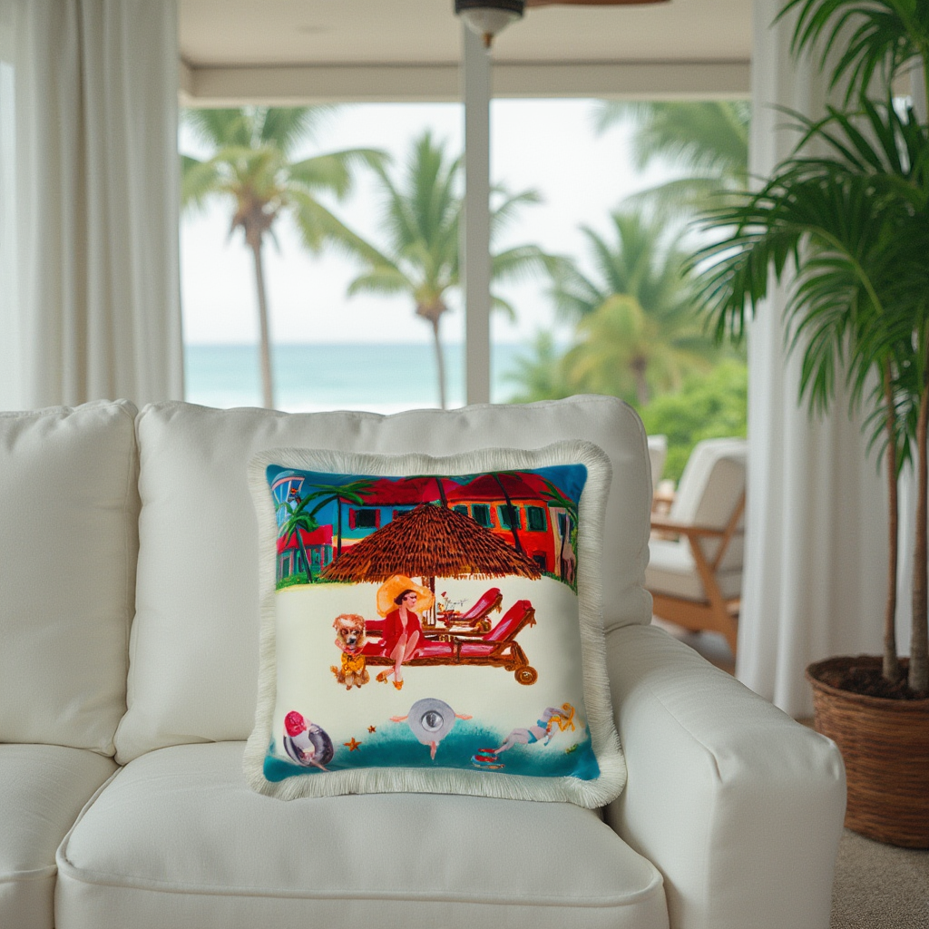Queen K Riviera Fringed Velvet Cushion with colorful tropical beach design on white sofa