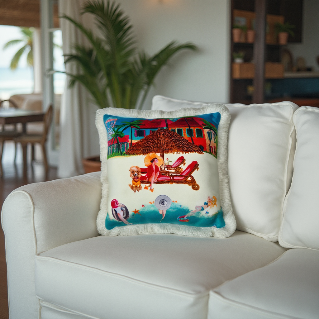Queen K Riviera Fringed Velvet Cushion with colorful beach scene on white sofa