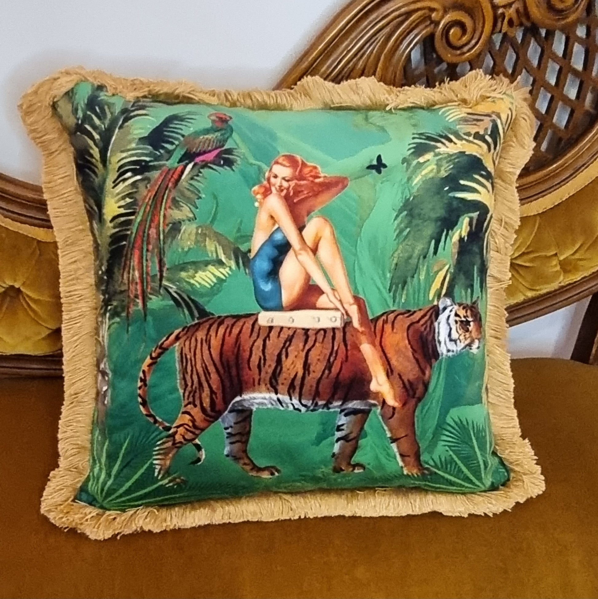 Queen K decorative cushion with vintage tiger and woman print and beige fringe trim