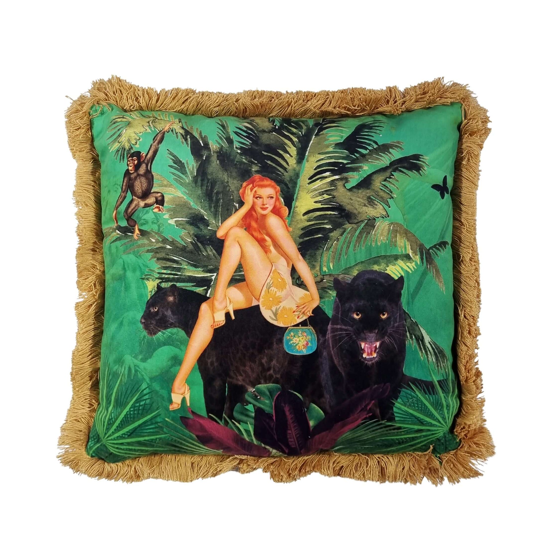 Queen K decorative cushion with tropical jungle print featuring woman, black panthers, monkey, and fringed edges