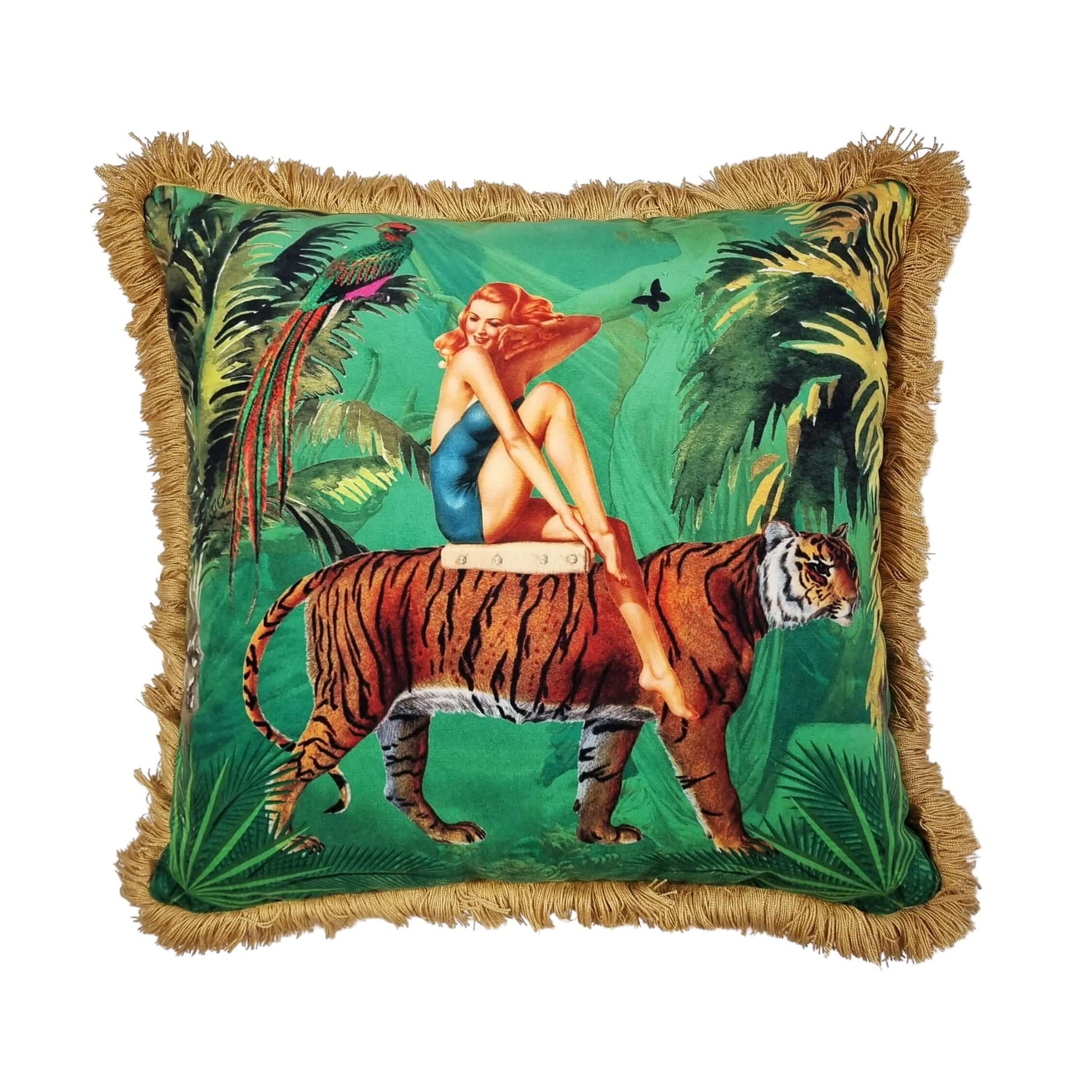Queen K decorative cushion with vintage pin-up girl sitting on tiger print and fringed edges