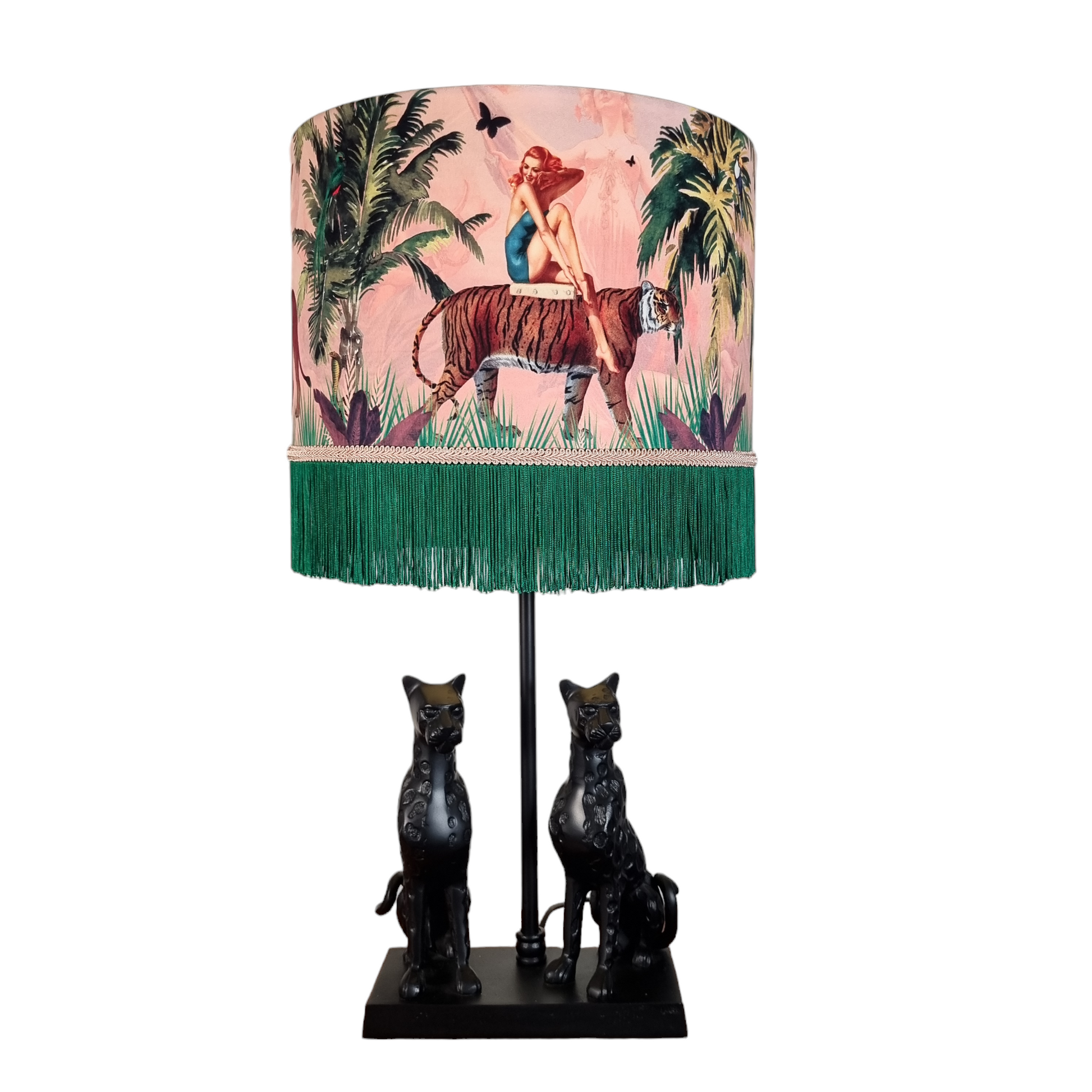 Queen K Jungle Walk Pink Fringed Drum Lampshade with green fringe and matching black panther lamp base