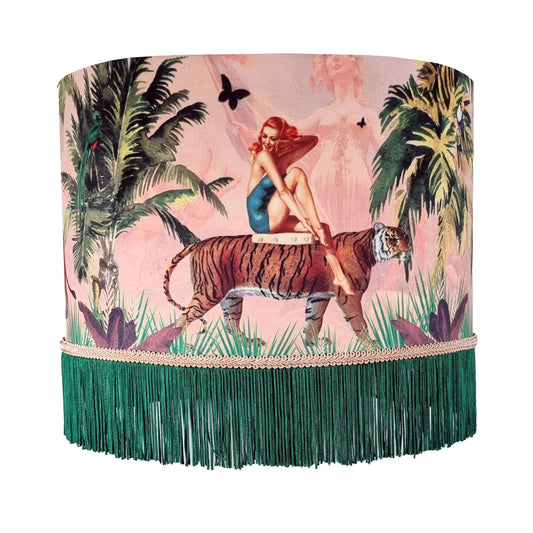Queen K Jungle Walk Pink Fringed Drum Lampshade featuring tropical design with woman and tiger