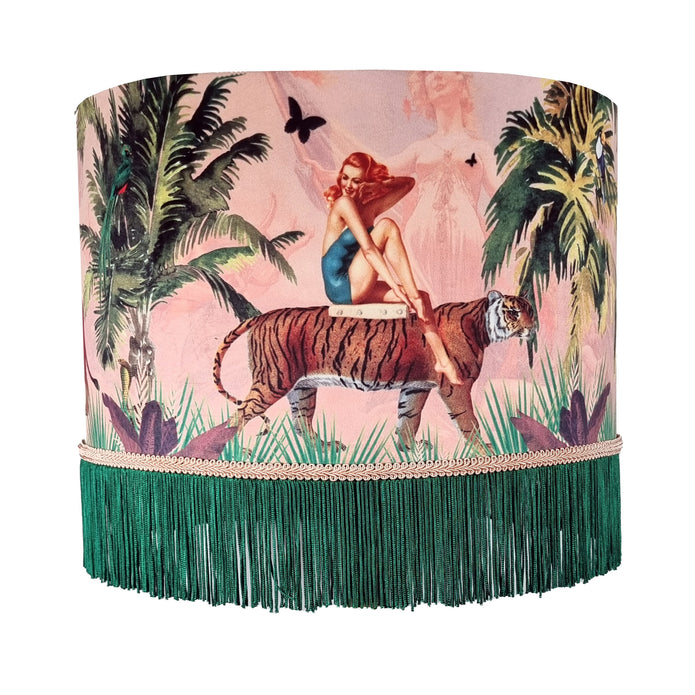 Queen K Jungle Walk Pink Fringed Drum Lampshade featuring tropical design with woman and tiger
