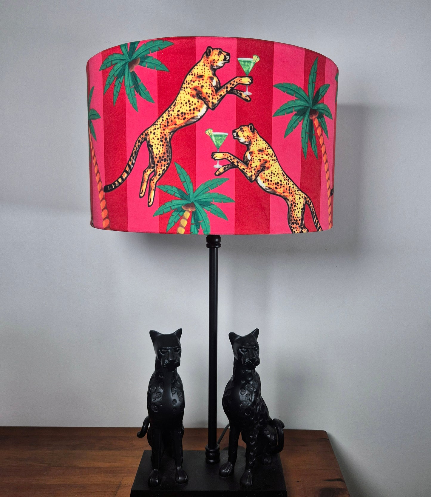 Queen K Cocktail Cheetah Velvet Drum Lampshade Pink and Red Stripe