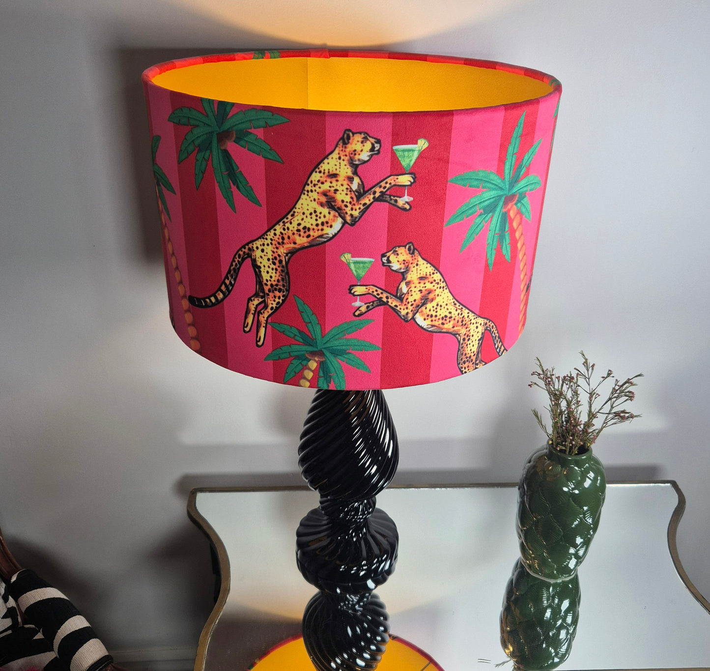Queen K Cocktail Cheetah Velvet Drum Lampshade Pink and Red Stripe