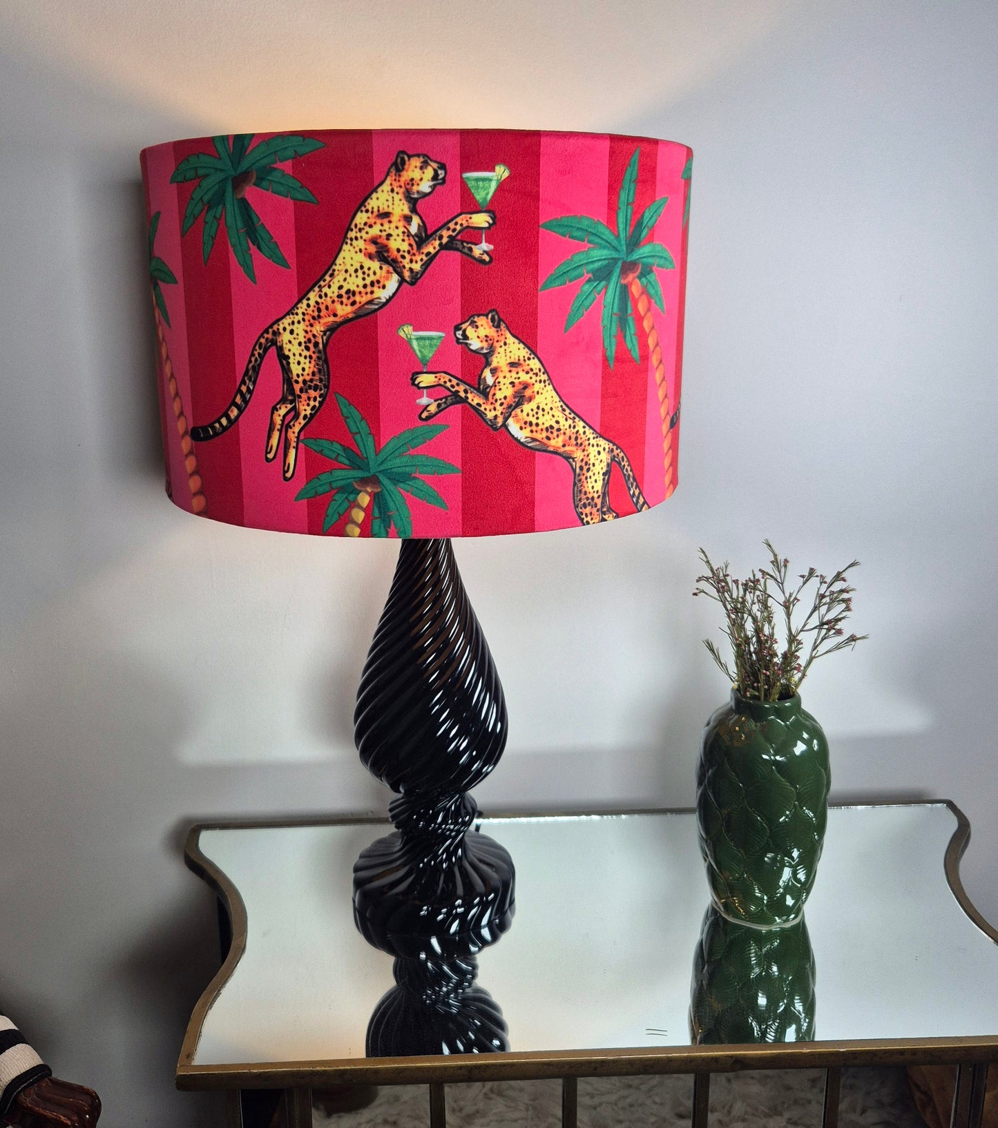 Queen K Cocktail Cheetah Velvet Drum Lampshade Pink and Red Stripe