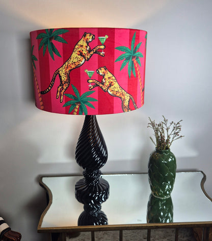 Queen K Cocktail Cheetah Velvet Drum Lampshade Pink and Red Stripe