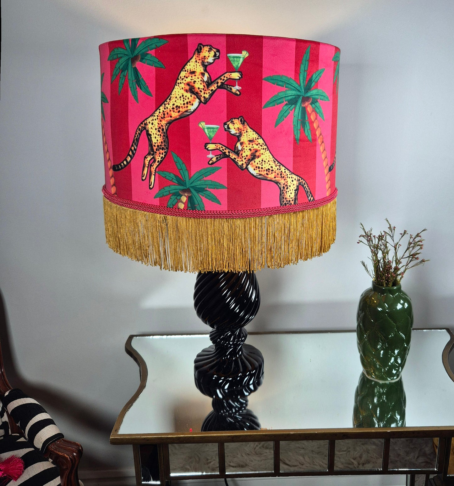 Cocktail Cheetah Tassel Velvet Drum Lampshade Pink and Red Stripe