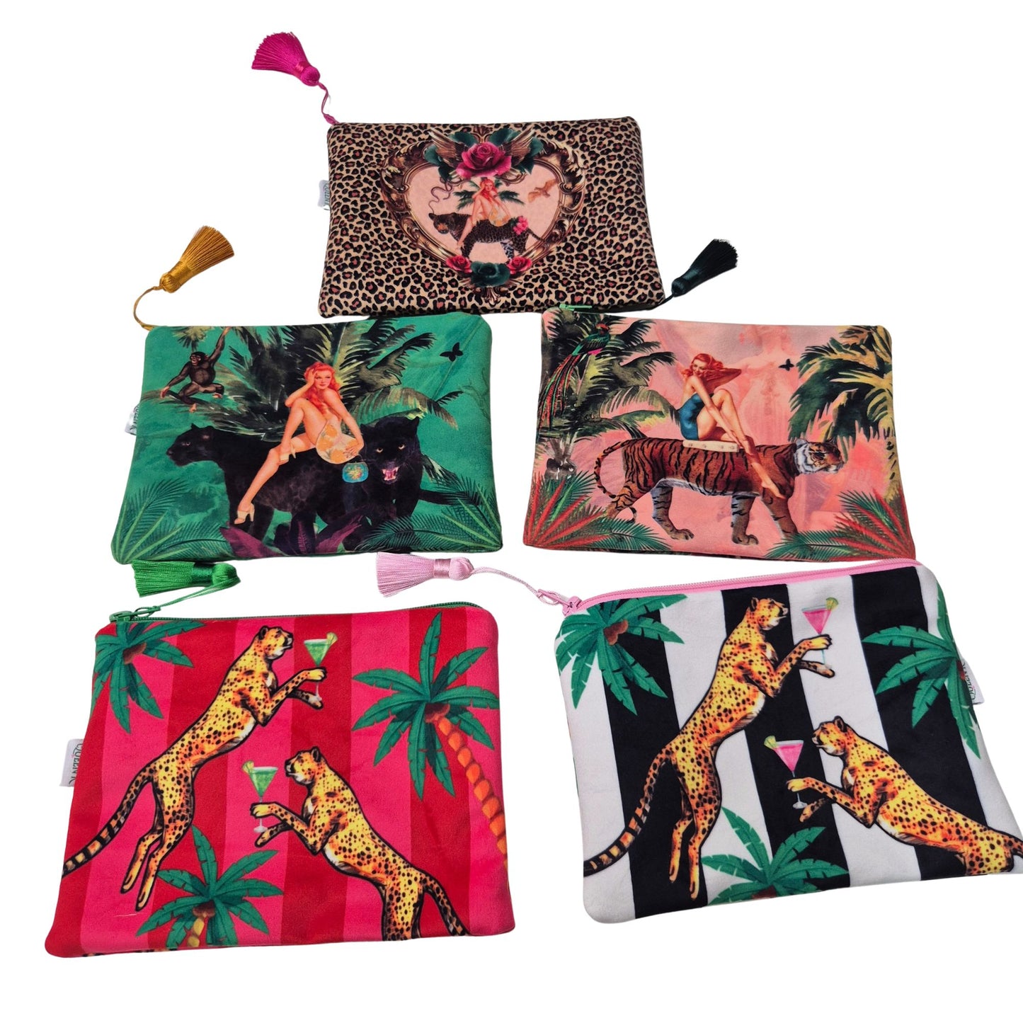 Cocktail Cheetah Pink & Red Striped Velvet Cosmetics Purse