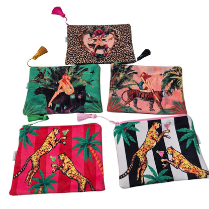 Cocktail Cheetah Pink & Red Striped Velvet Cosmetics Purse