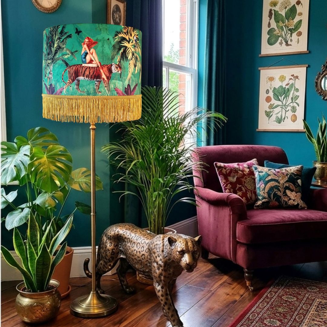 Queen K Jungle Walk Green Tassel Fringed Drum Lampshade