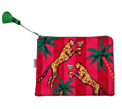 Cocktail Cheetah Pink & Red Striped Velvet Cosmetics Purse