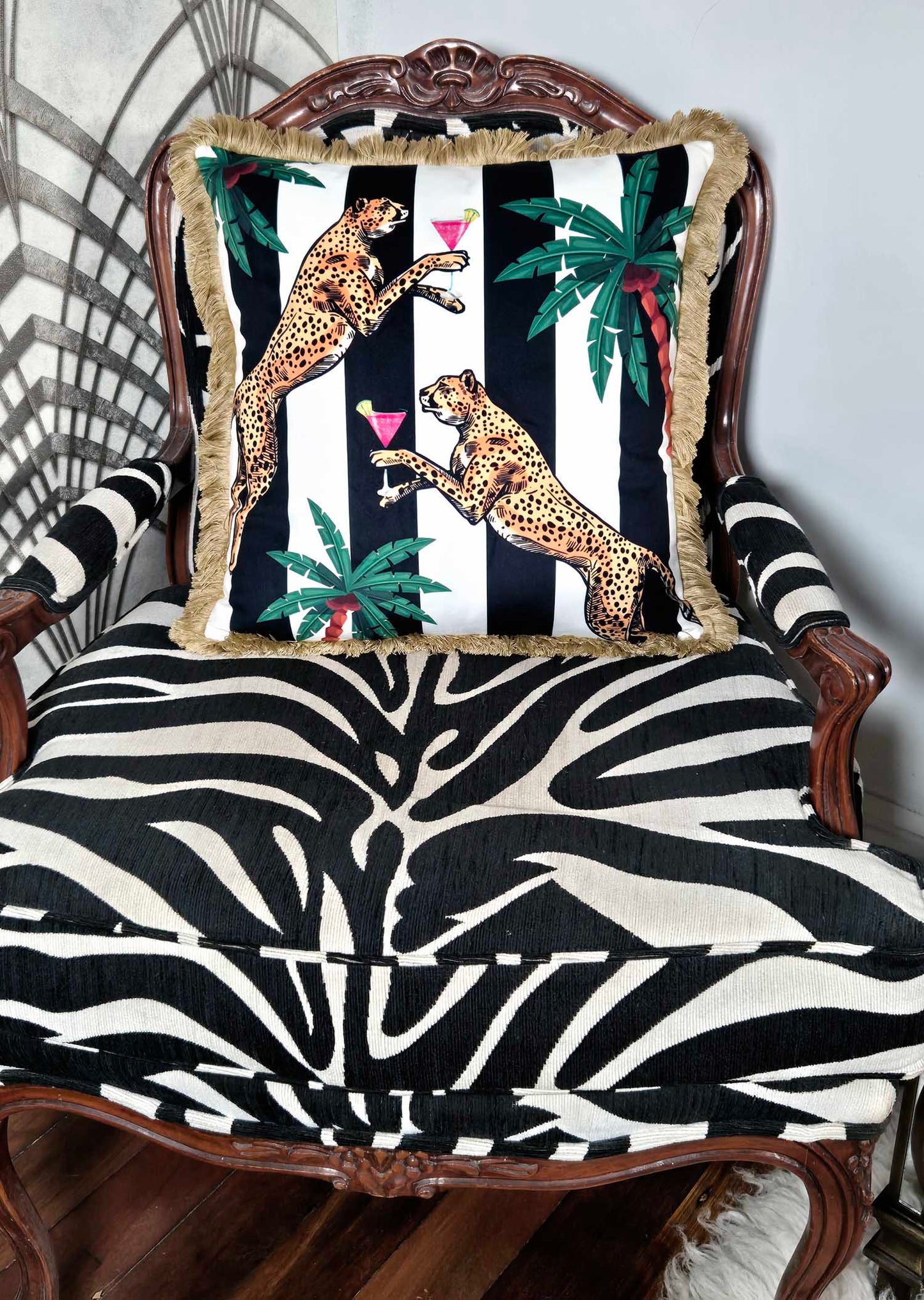 Cocktail Cheetah Black & White Striped Cushion