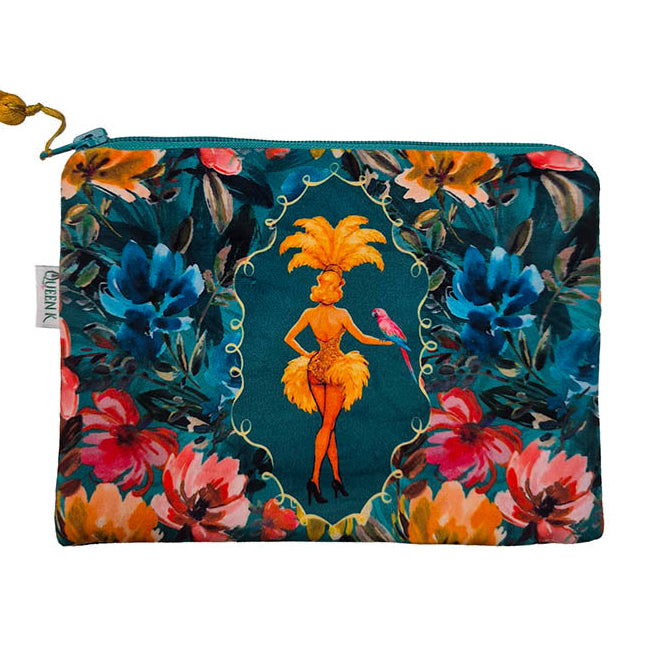 Lulu LaRue velvet cosmetic bag with teal floral print, vintage showgirl artwork and gold tassel zip.