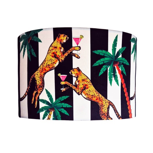 Queen K Cocktail Cheetah Velvet Drum Lampshade Black and White Stripe
