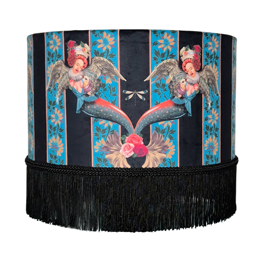 Mermaid Blue Fringed Drum Lampshade Queen K