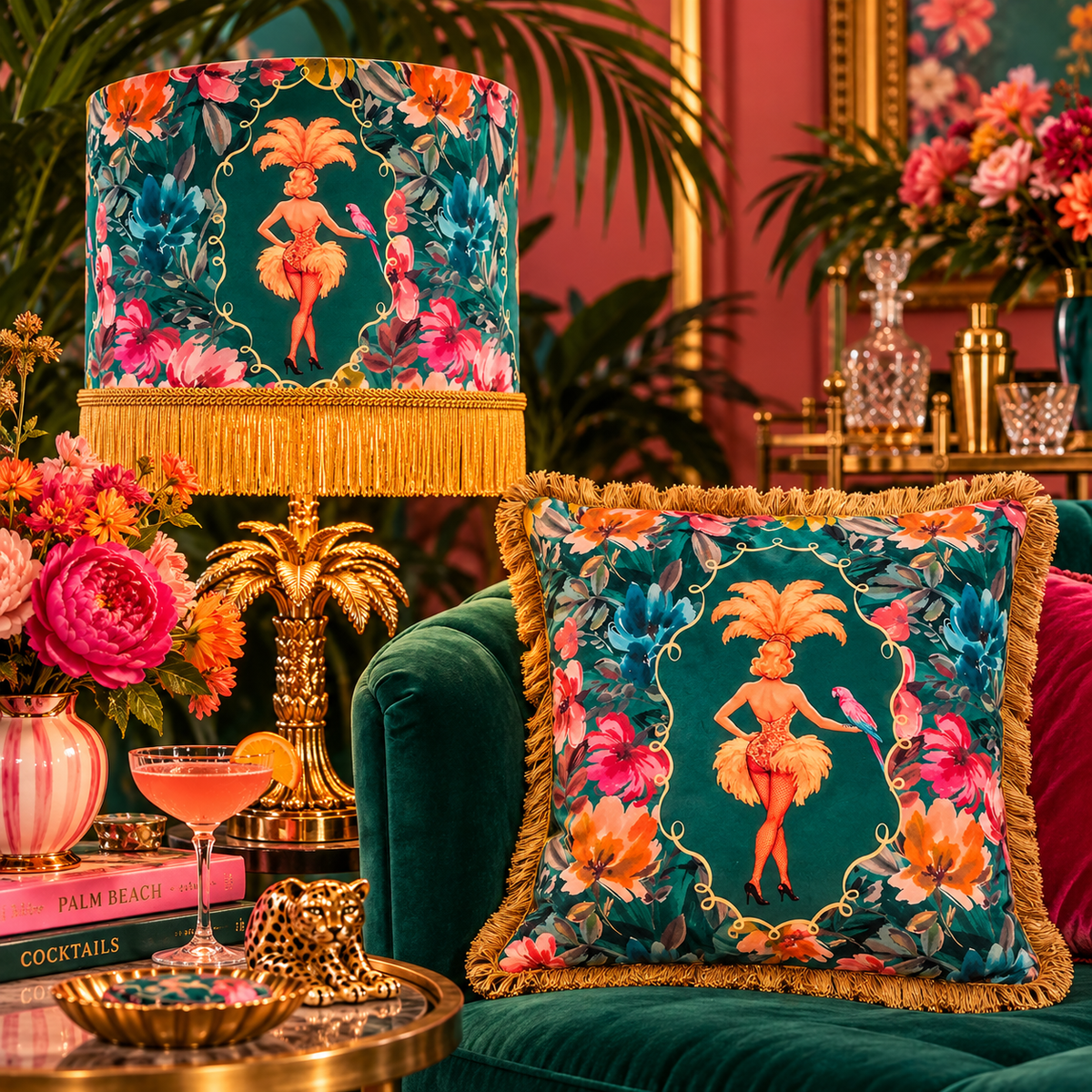 Lulu LaRue Floral Fringed Cushion Teal