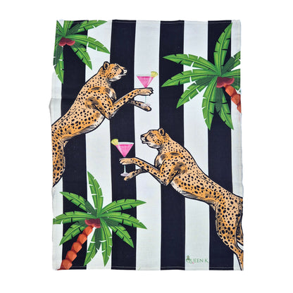 Cocktail Cheetah Black & White Striped 100% Linen Tea Towel