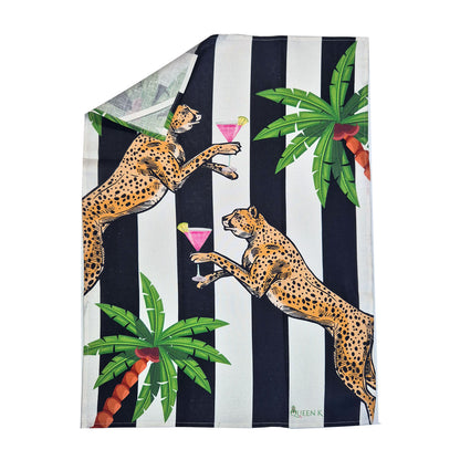 Cocktail Cheetah Black & White Striped 100% Linen Tea Towel