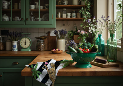 Cocktail Cheetah Black & White Striped 100% Linen Tea Towel