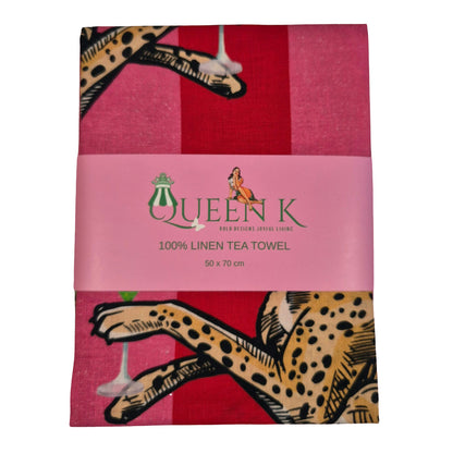 Cocktail Cheetah Red & Pink Striped 100% Linen Tea Towel