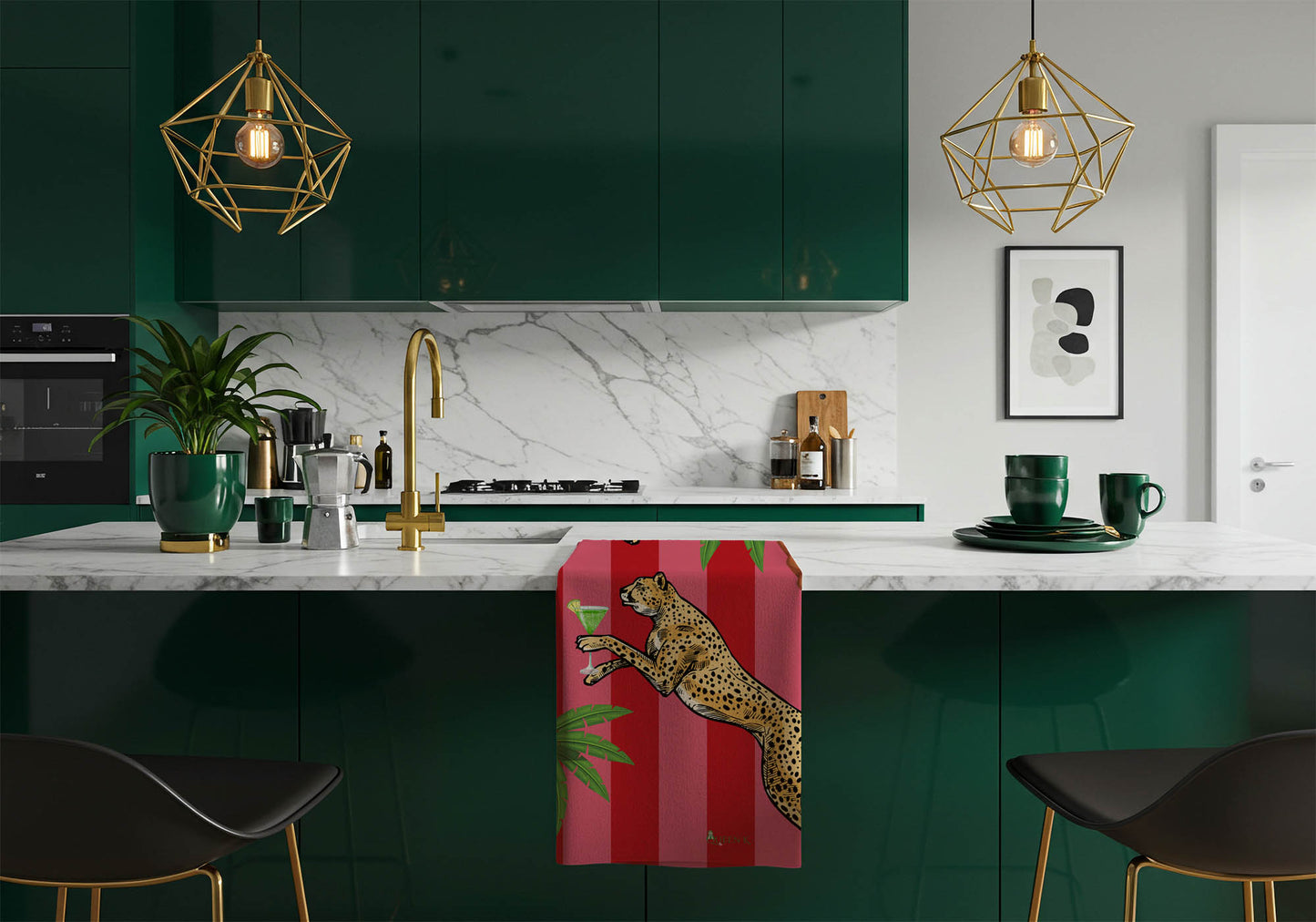 Cocktail Cheetah Red & Pink Striped 100% Linen Tea Towel