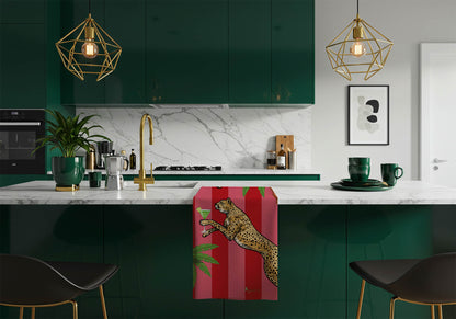 Cocktail Cheetah Red & Pink Striped 100% Linen Tea Towel