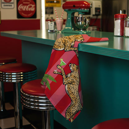 Cocktail Cheetah Red & Pink Striped 100% Linen Tea Towel