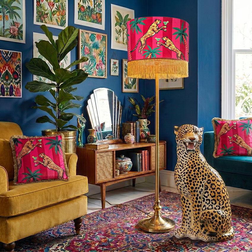 Cocktail Cheetah Tassel Velvet Drum Lampshade Pink and Red Stripe