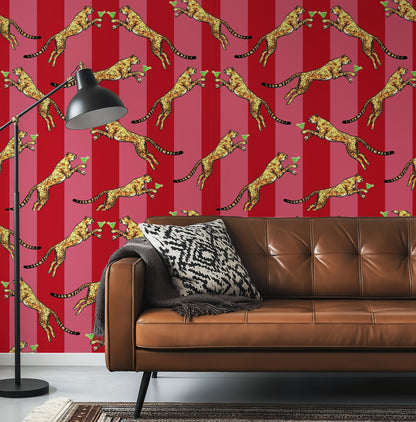 Cocktail Cheetah Striped Red & Pink Wallpaper