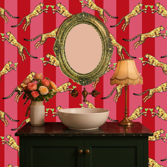 Cocktail Cheetah Red & Pink Striped Wallpaper