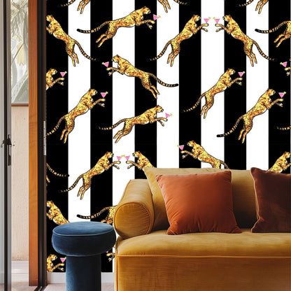 Cocktail Cheetah Striped Black & White Wallpaper