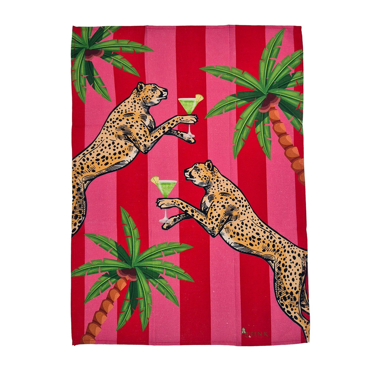 Cocktail Cheetah Red & Pink Striped 100% Linen Tea Towel